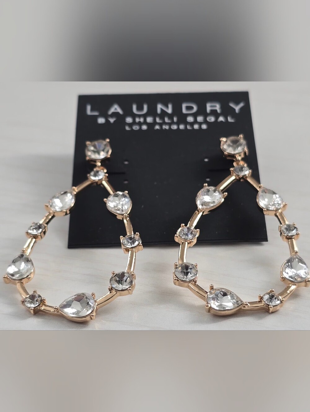 Laundry By Shelli Segal Gold Teardrop Hoop Earrings with Clear Crystals